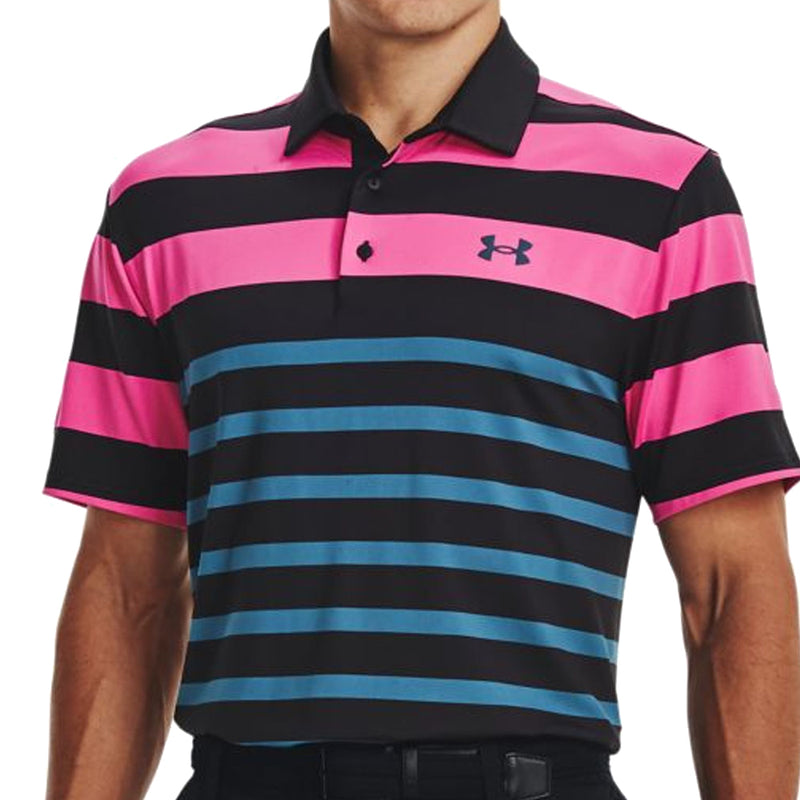 Under Armour Playoff 3.0 Rugby YD Stripe Polo Shirt - Black/Rebel Pink/Static Blue