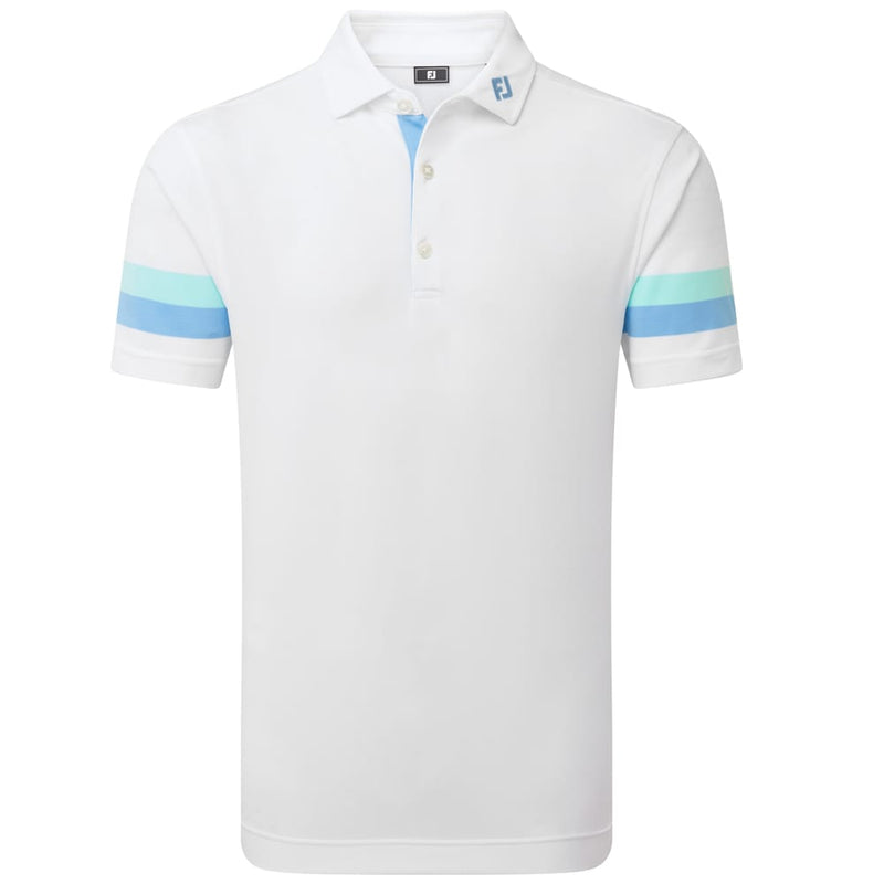 FootJoy Sleeve Stripe Pique Polo Shirt - White/Blue Reef/Sea Glass