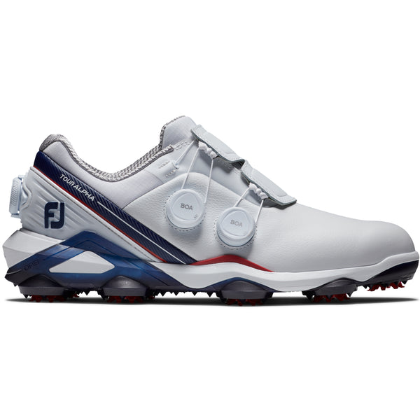 FootJoy Tour Alpha Triple BOA Spiked Waterproof Shoes - White/Navy/Red