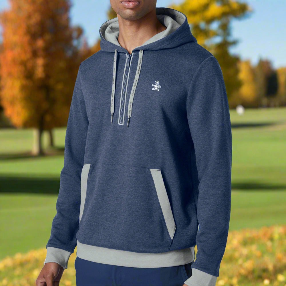 Original Penguin 1 4 Zip Colour Block Hoodie Black Iris Bijou Heathe