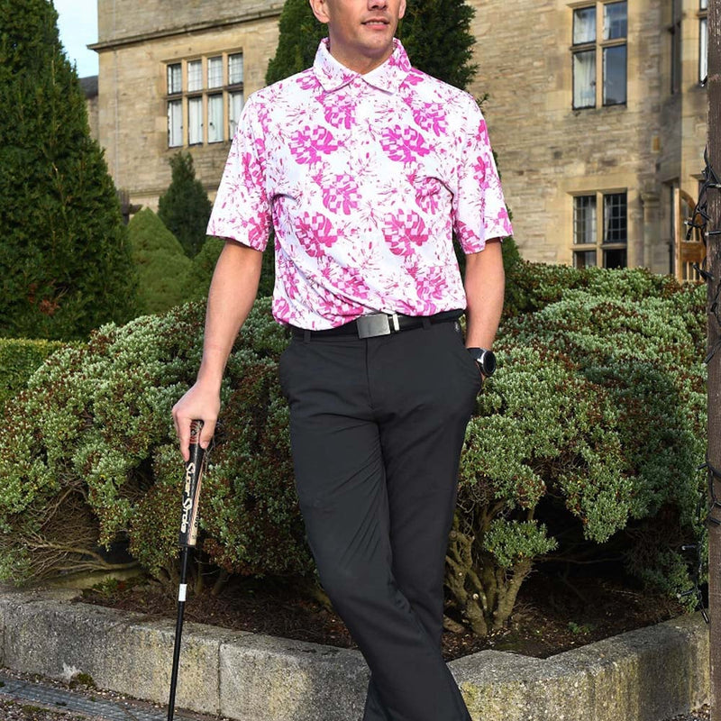 ProQuip Sub7 Leaf Print Polo Shirt - White/Rose/Festival