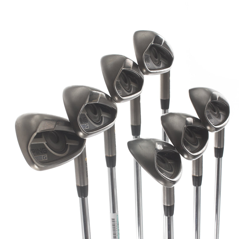 Ping G Steel Mens Right Hand Irons 5-SW Yellow Dot 1.5* Upright Regular - Ping AWT 2.0