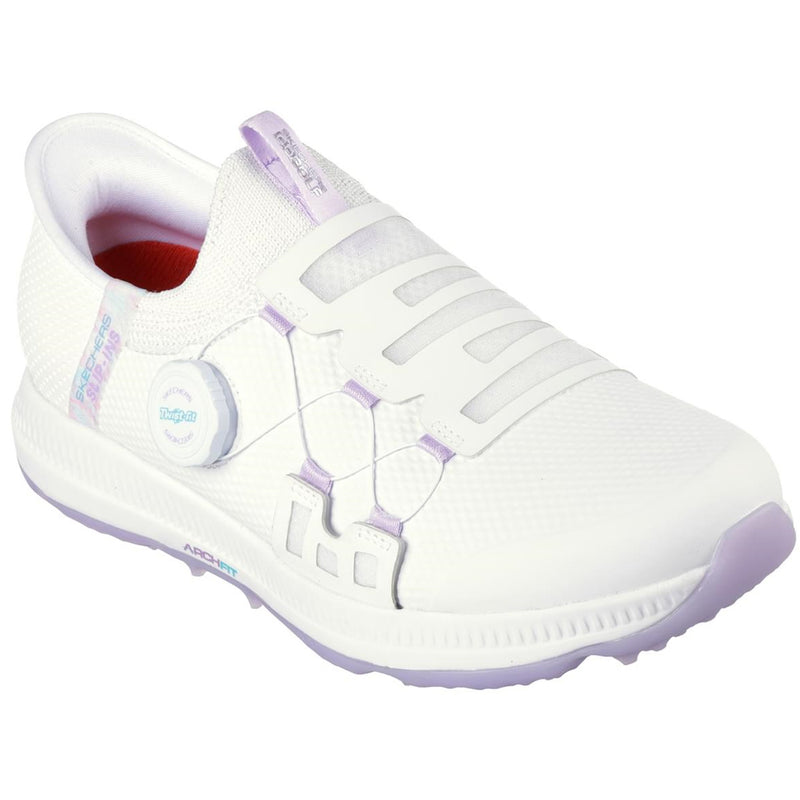 Skechers Ladies Go Golf Elite 5 Slip-In Twist Fit Waterproof Spikeless Shoes - White/Lavender