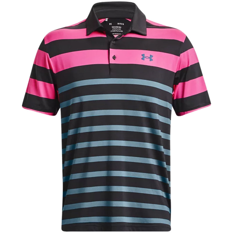 Under Armour Playoff 3.0 Rugby YD Stripe Polo Shirt - Black/Rebel Pink/Static Blue